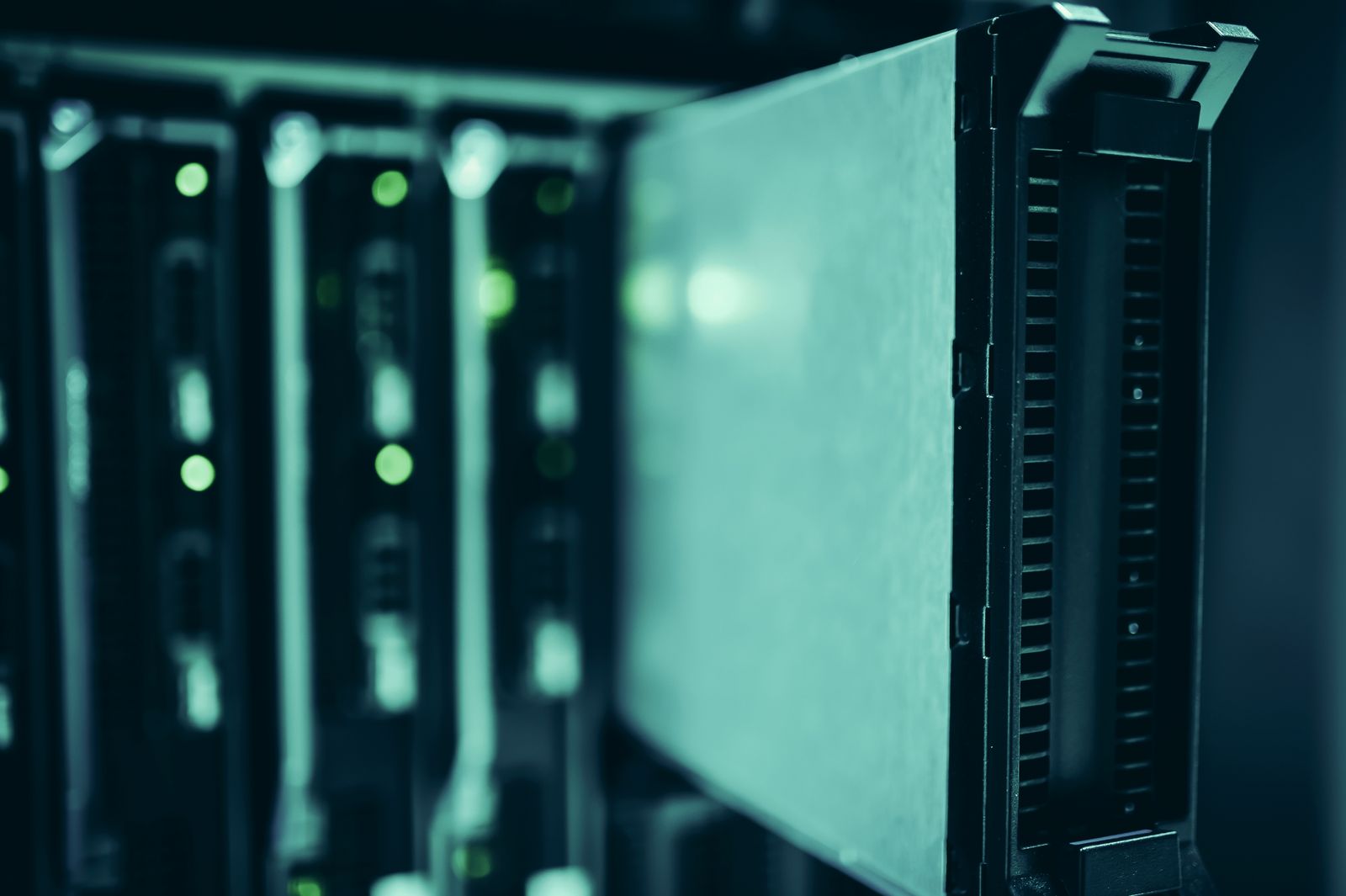 Close-up of a server hardware drive bay in a data center